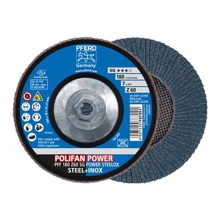 Pferd 7" x 5/8-11 Thd. POLIFAN® Flap Disc - Z SG POWER STEELOX, Zirconia, 60 Grit, Flat 62290